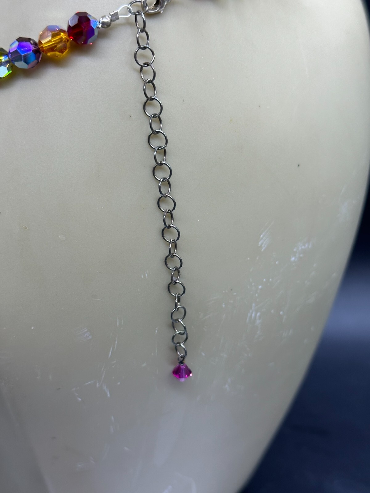 ESTATE STERLING SILVER ART GLASS RAINBOW RIVOLI BEAD STRAND STRING NECKLACE 21″