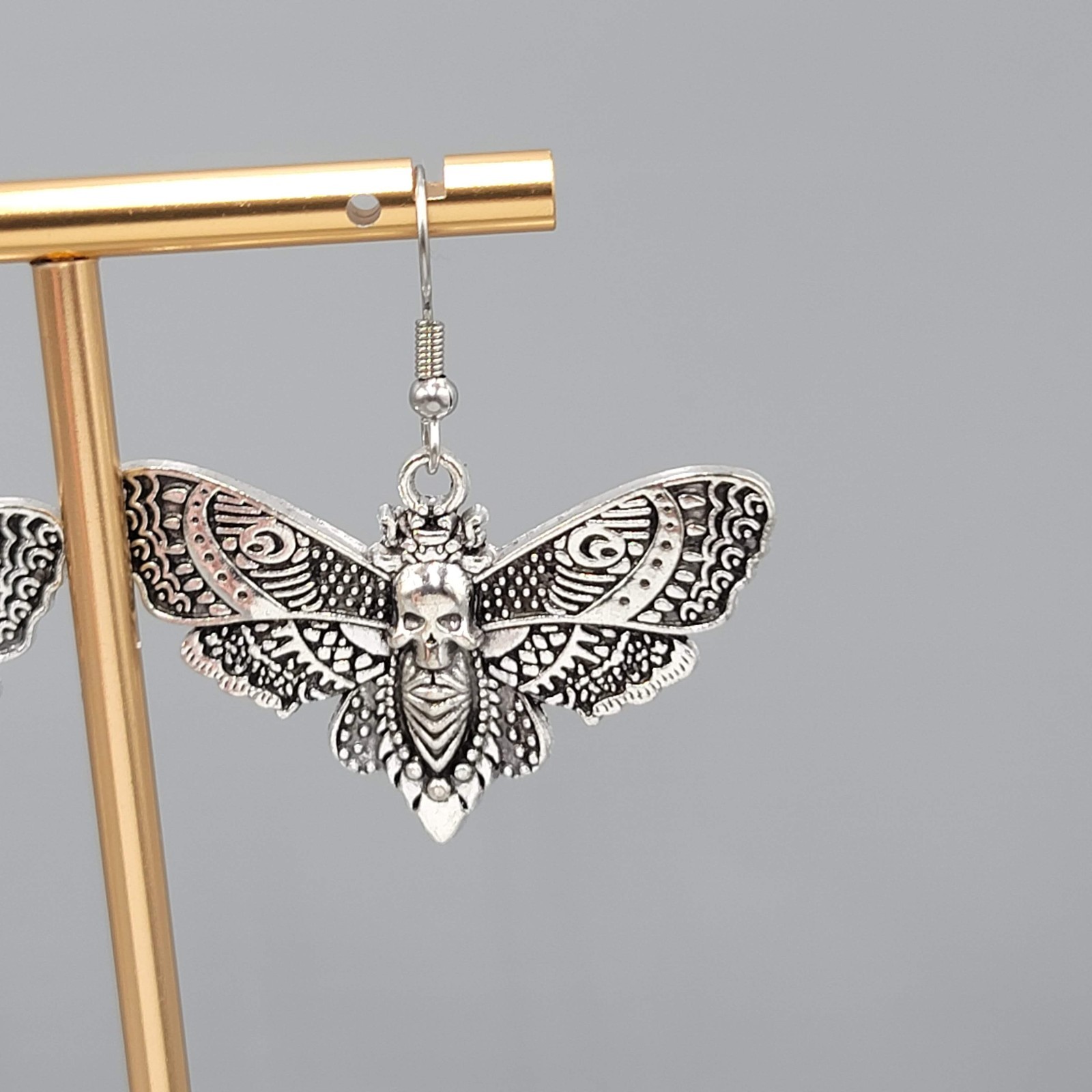 Moth Silver tone Embossed Pierced Earrings Dangle Goth Rock Punk 1 5/8″ x 1 in