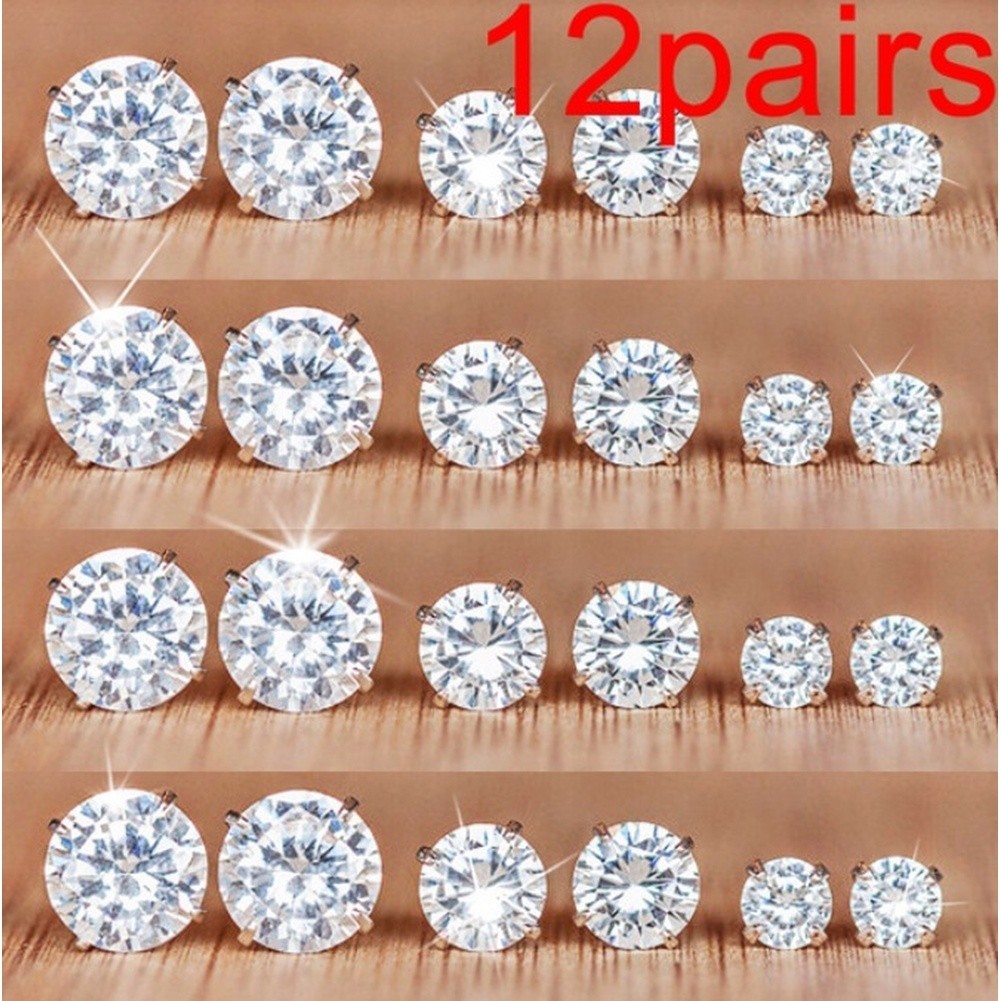 12 Pairs Round Six Prong Zircon Stud Earrings Silver Alloy for Work Events