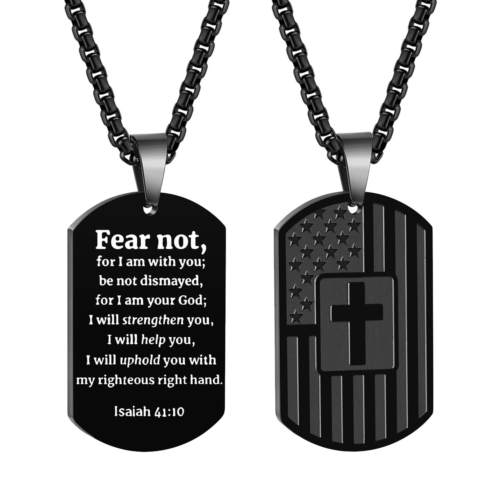 Men Boys American Flag Bible Verse Pendant Dog Tag Cross Inspirational Necklace