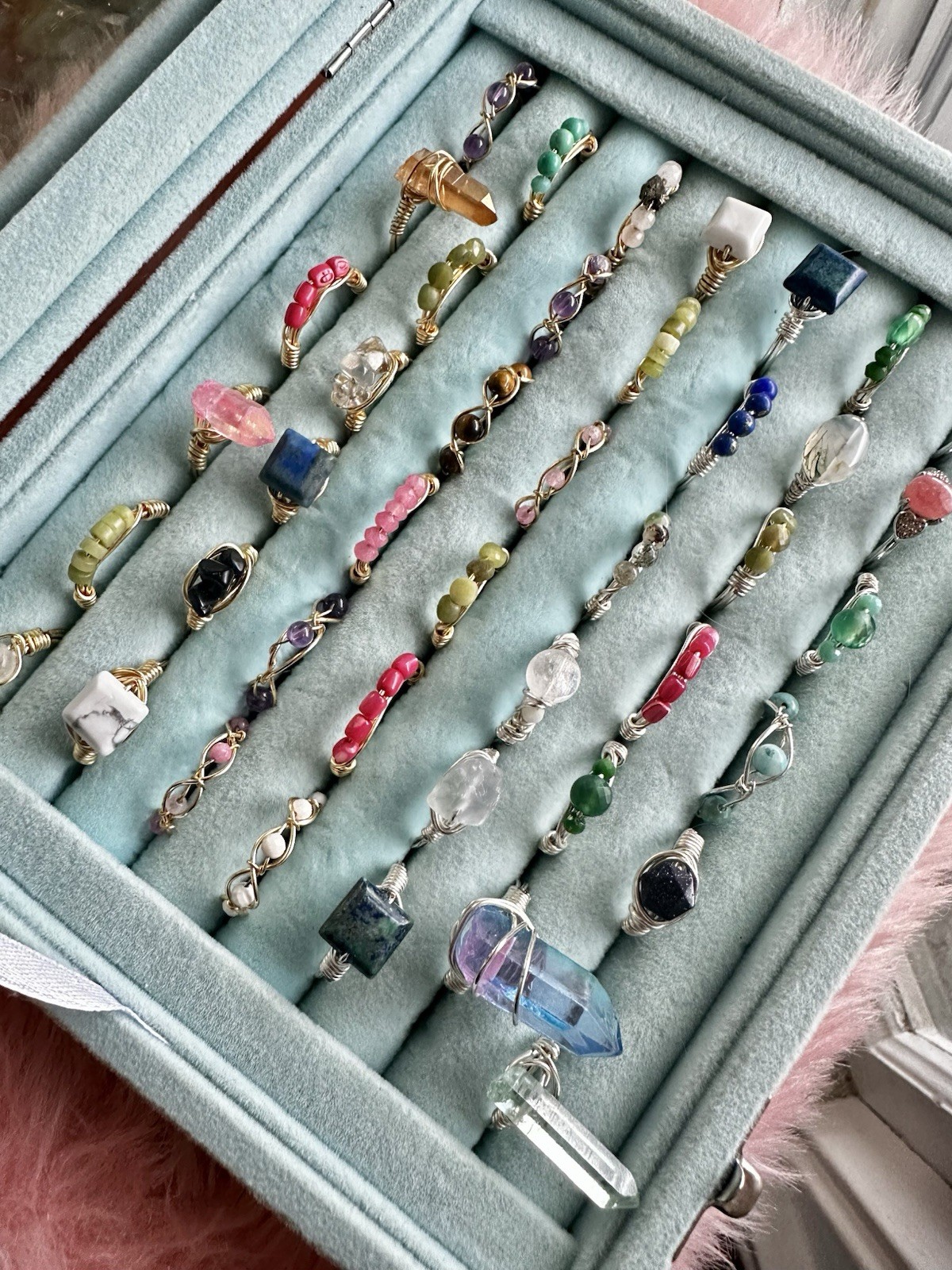 42 piece Bulk Copper Wire Gemstone Ring Lot (24 gold coated and 18 silver)
