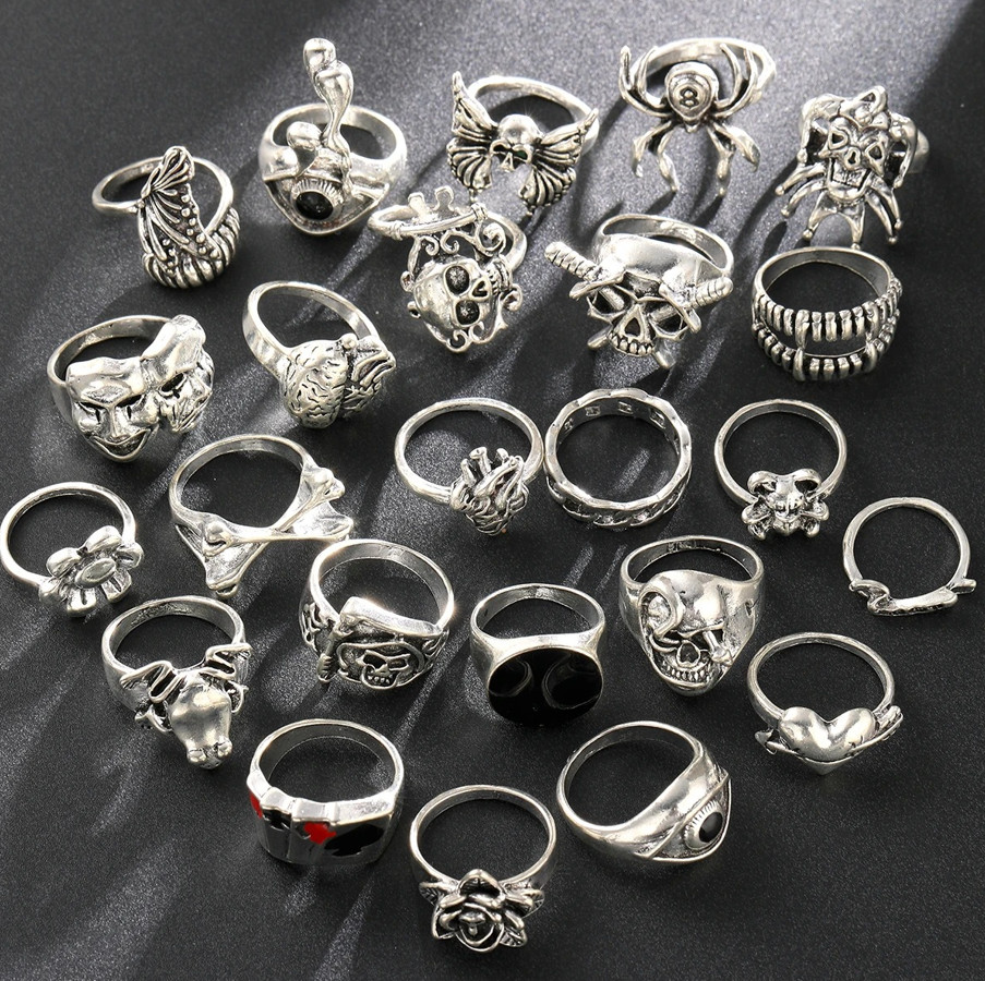 24pcs Gothic Skeleton Ring Set Punk Grunge Unisex Street Jewelry Gift – NEW
