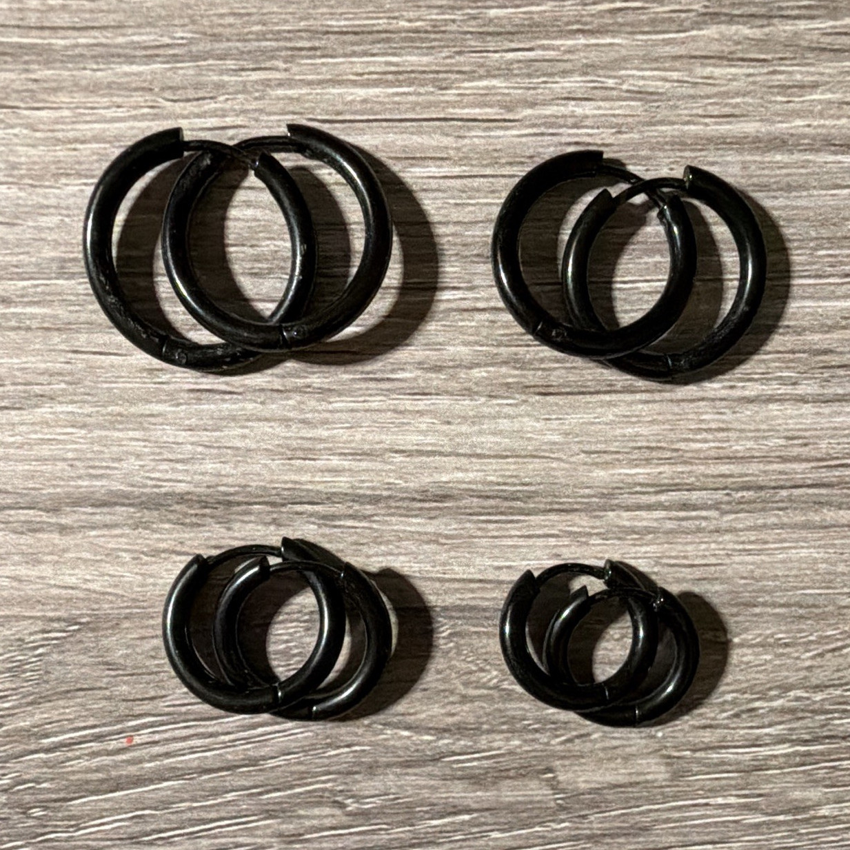 Black Round Huggie Hoop Earrings Hinged Metal No Stone Lobe Set of 4 Pairs