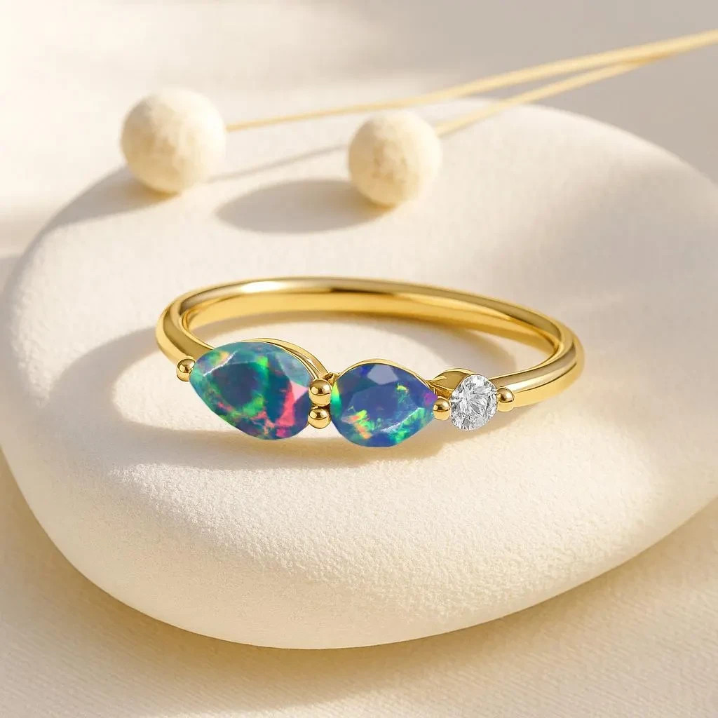 Natural Black Opal Three Gemstone Stackable Ring, Fire Opal Gemstone Gold Ring