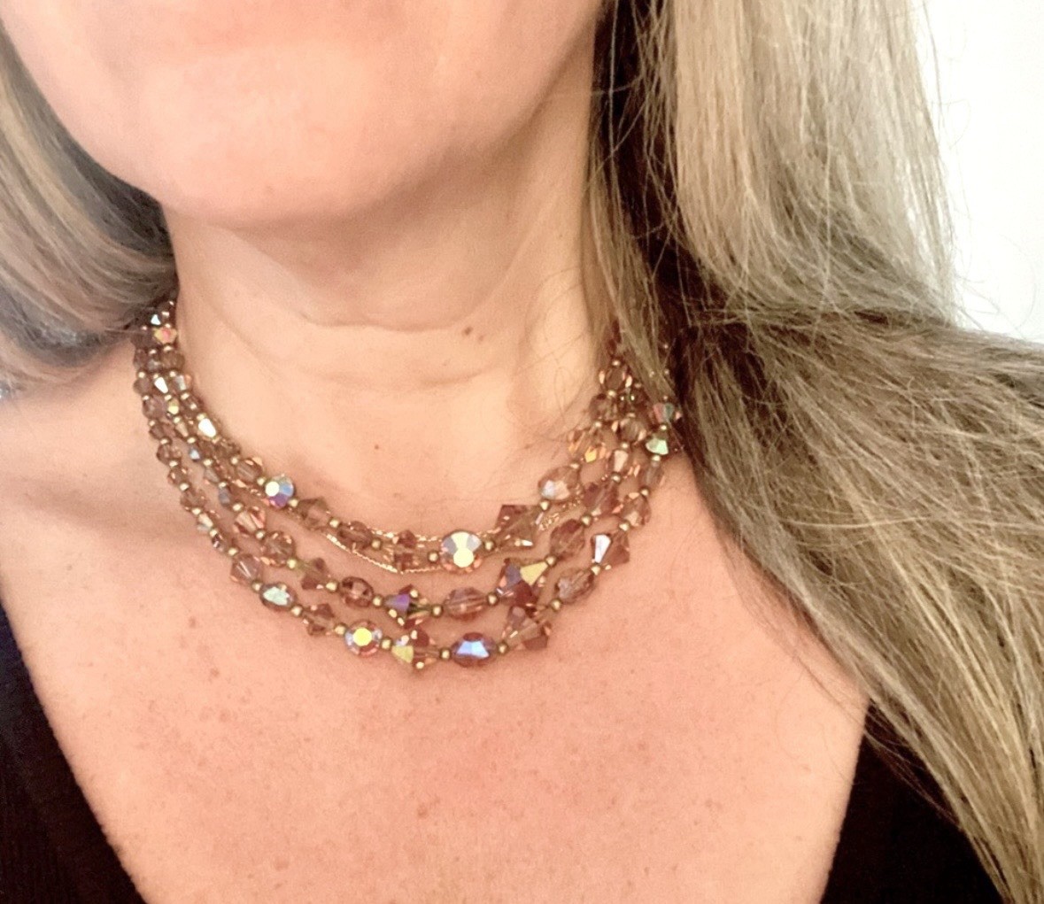 Vintage Brown Aurora Borealis Crystal & Glass Multi-Strand Beaded Necklace Hook