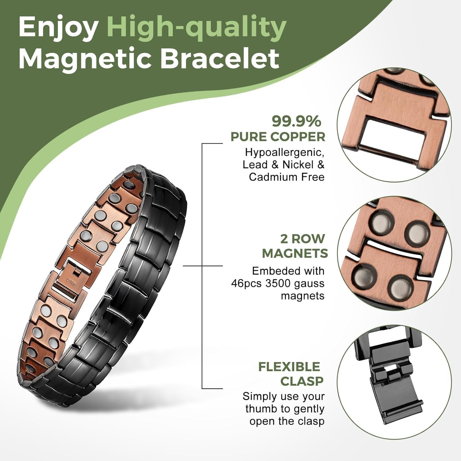 Classic Black Copper Magnetic Bracelet with Adjustable Size for Everyday Wear