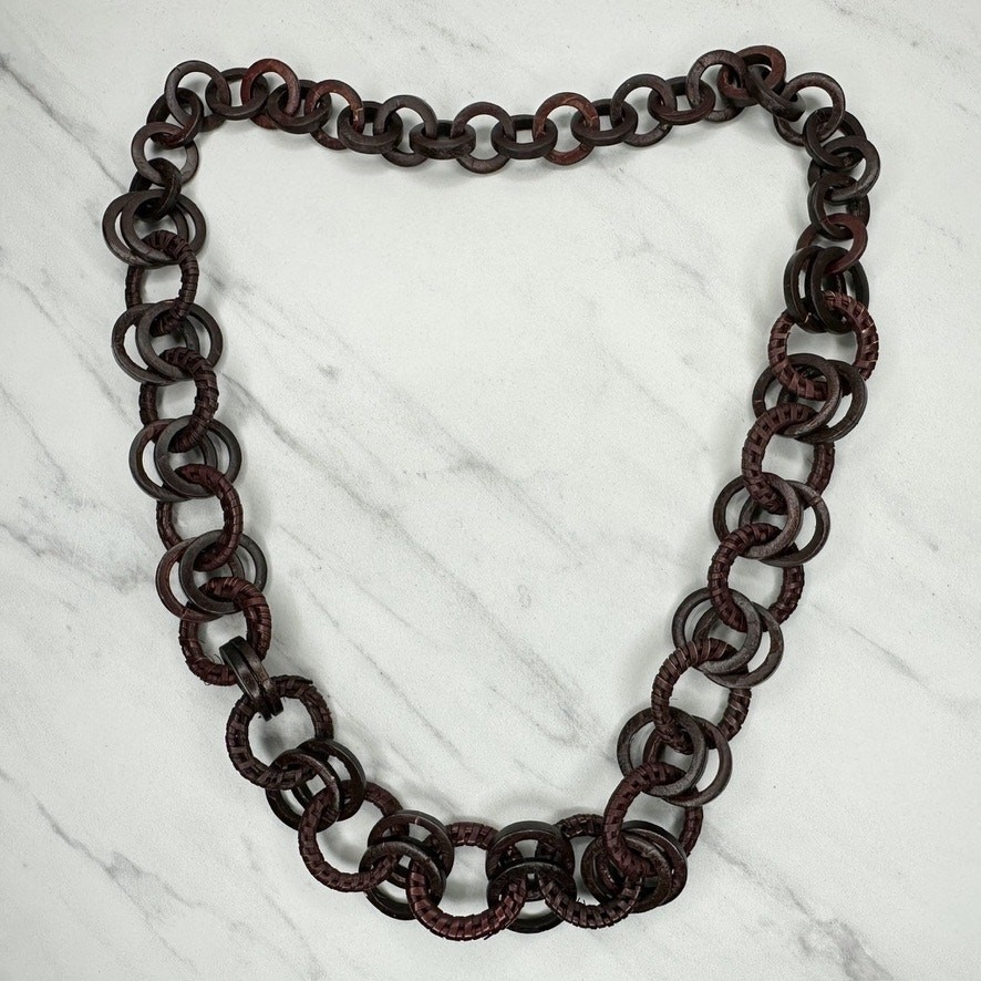 Dark Brown Wood Ring Link Cord Wrapped Chain Necklace Boho Artisan 30″ Slip On