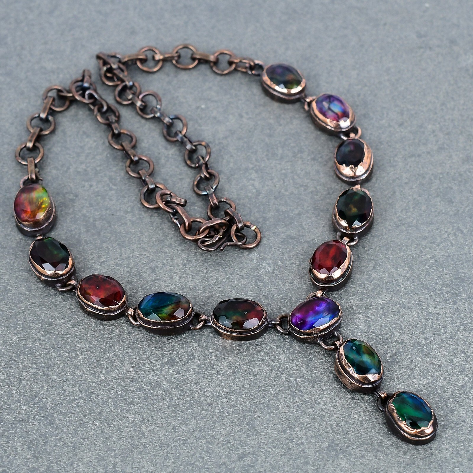 Valentines Sale Ammolite Stone Electroformed Chain Bezel Necklace Jewelry Copper