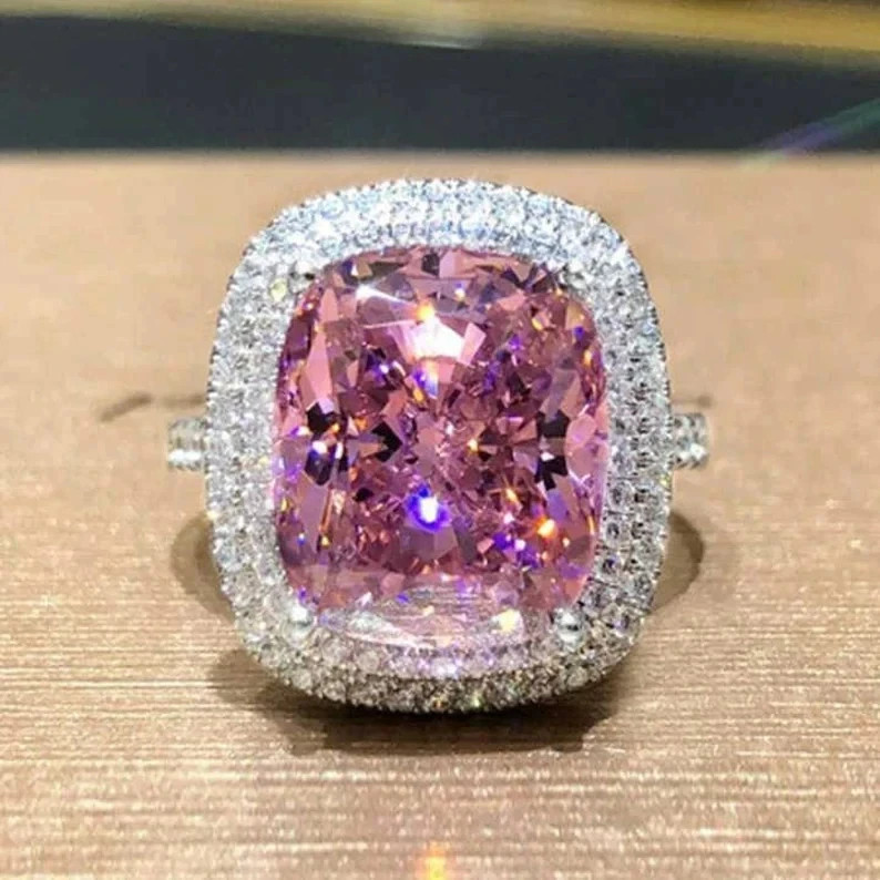 7.00 Ct Cushion Cut Natural Pink Sapphire Diamond Wedding Ring 14K White Gold FN