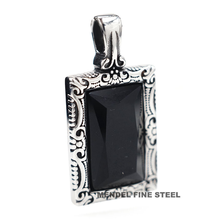 MENDEL Stainless Steel Mens Hip Hop Black Obsidian Stone Pendant Necklace Men