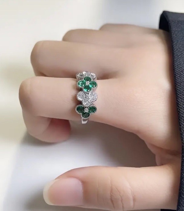 Women Synthetic Zircon Green Clover Open Ring Four-leaf Lucky Shamrock Size 6