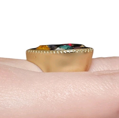 Estate Gold-Tone Black Enamel Multi-Color Glass Stone Heart Stretch Ring Size 7