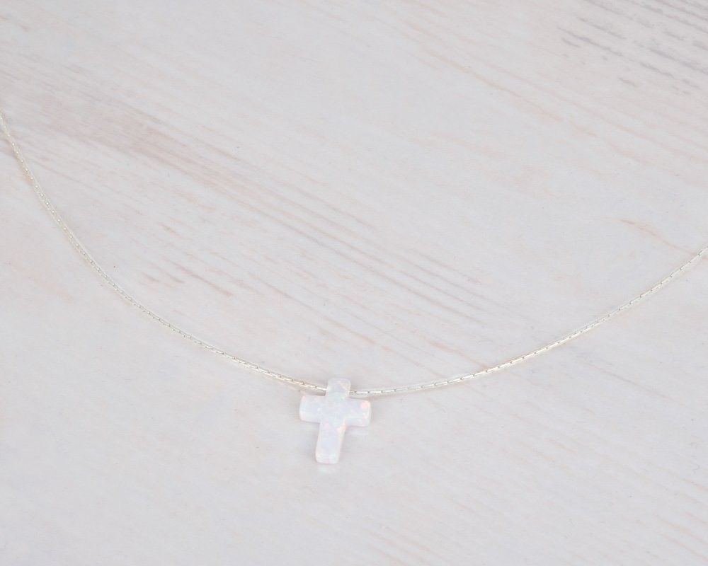 Opal Cross Choker Necklace – Thin Chain, Gold Filled or Silver, Blue or White…