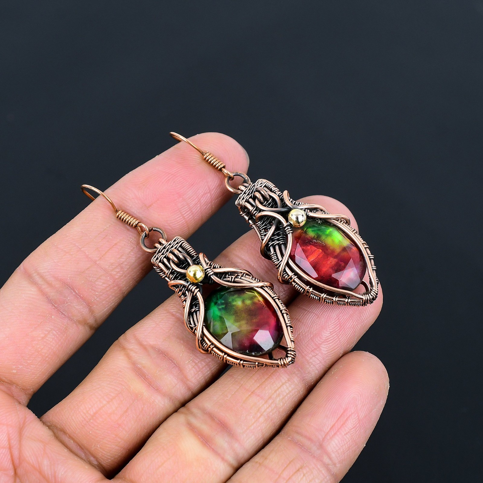 Ammolite Gemstones Handmade Copper Wire Wrapped Beautiful Earrings Jewelry