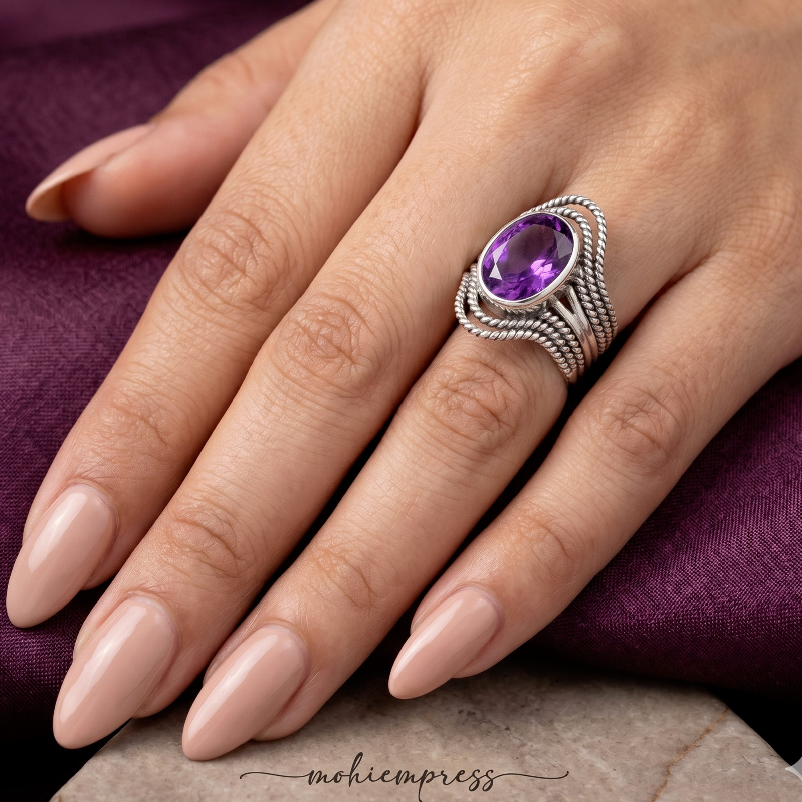 925 Sterling Silver Natural Amethyst Gemstone Ring, February birthstone