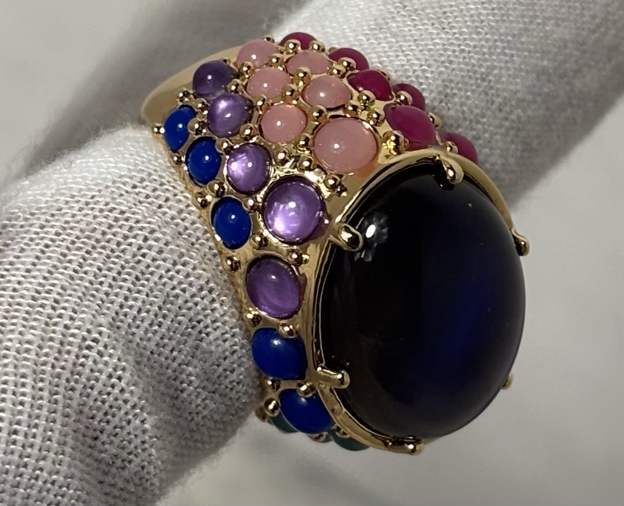 Statement Gold Tone Multicolor Cabochon Ring Size 8 Blue Stone New Box