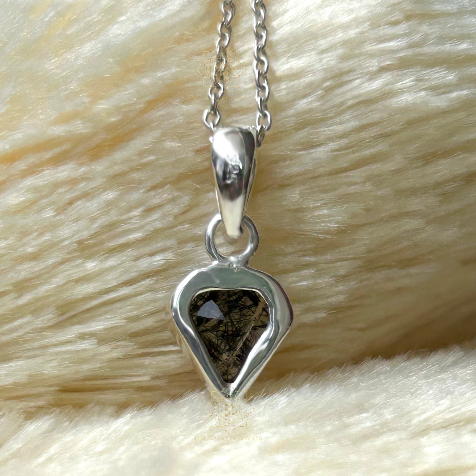 Pentagon Black Rutile Quartz Pendant Sterling Silver Handmade Jewelry 8mm