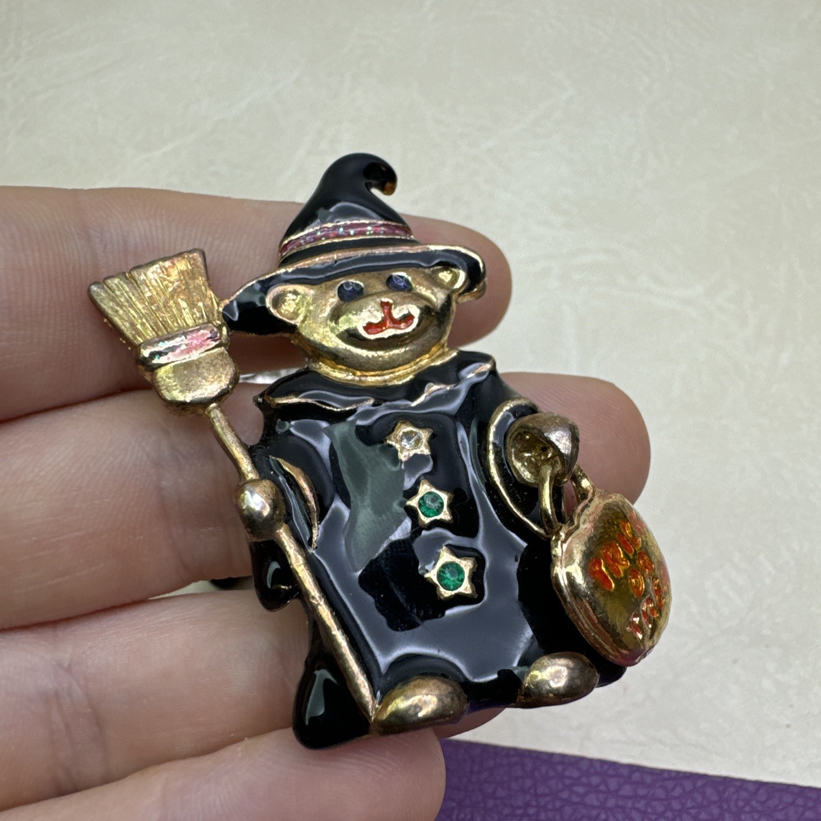 Halloween Witch Brooch Pins Lot of 3 Trick or Treat Bear Pumpkin Brook Enamel