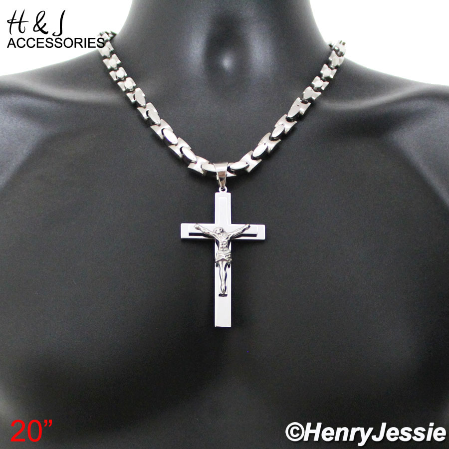 20″24″30″MEN Stainless Steel 8mm Silver Interlock Link Necklace Cross Pendant*J1