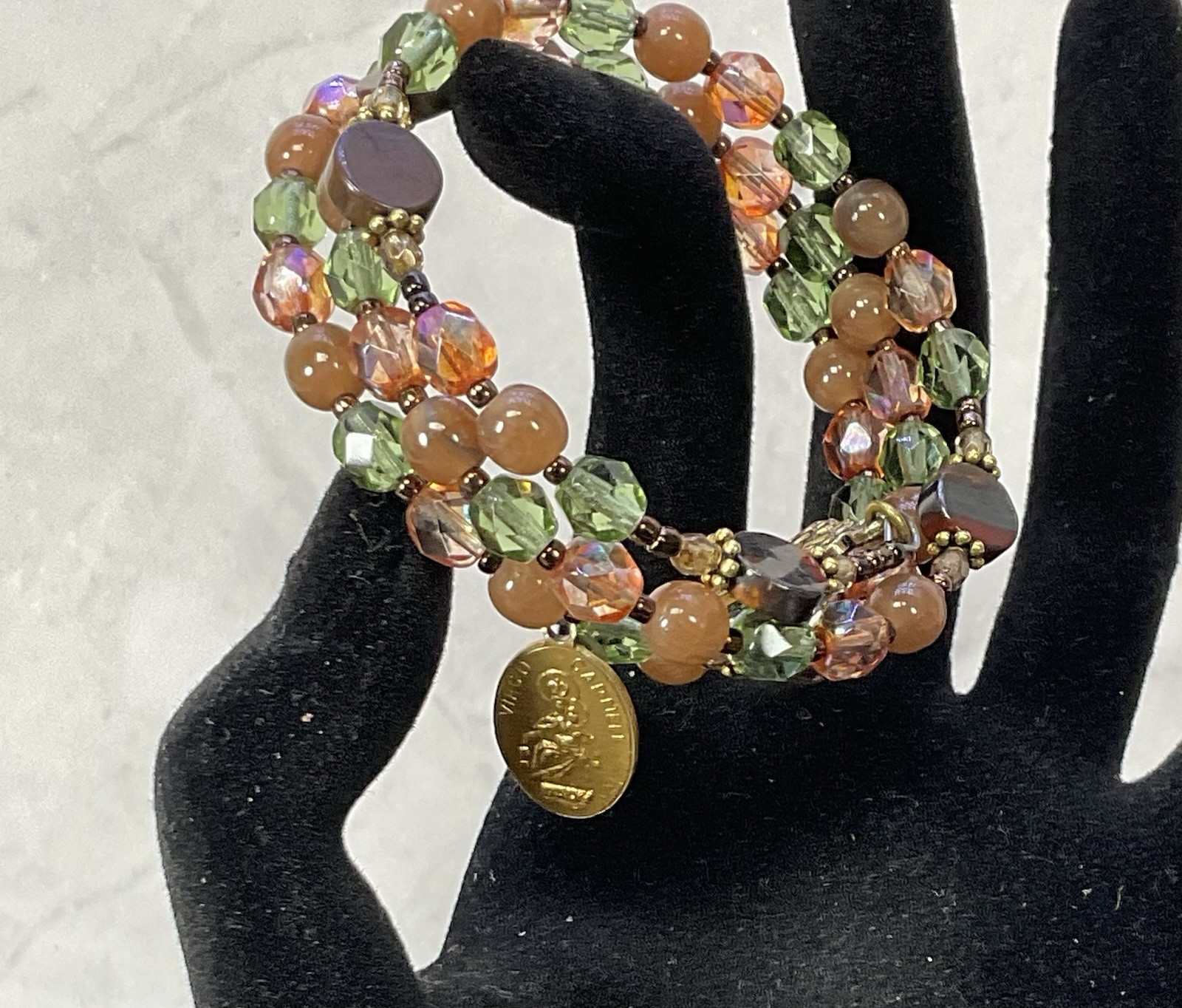 Rosary Wrap Beaded Bracelet Memory Wire Golden Cross Charm Green Orange Beads
