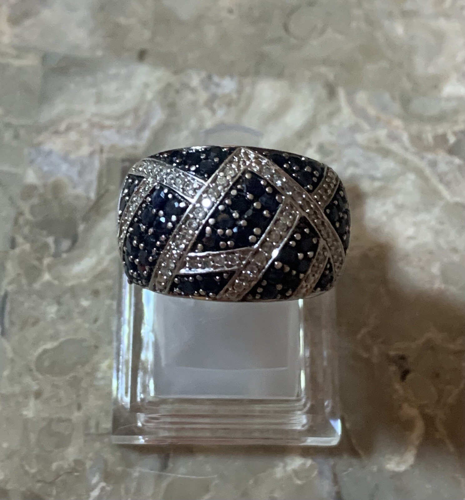 Sterling Silver Diamond & Sapphire Domed Wide Band Ring , Sz 7, 11.3 g.