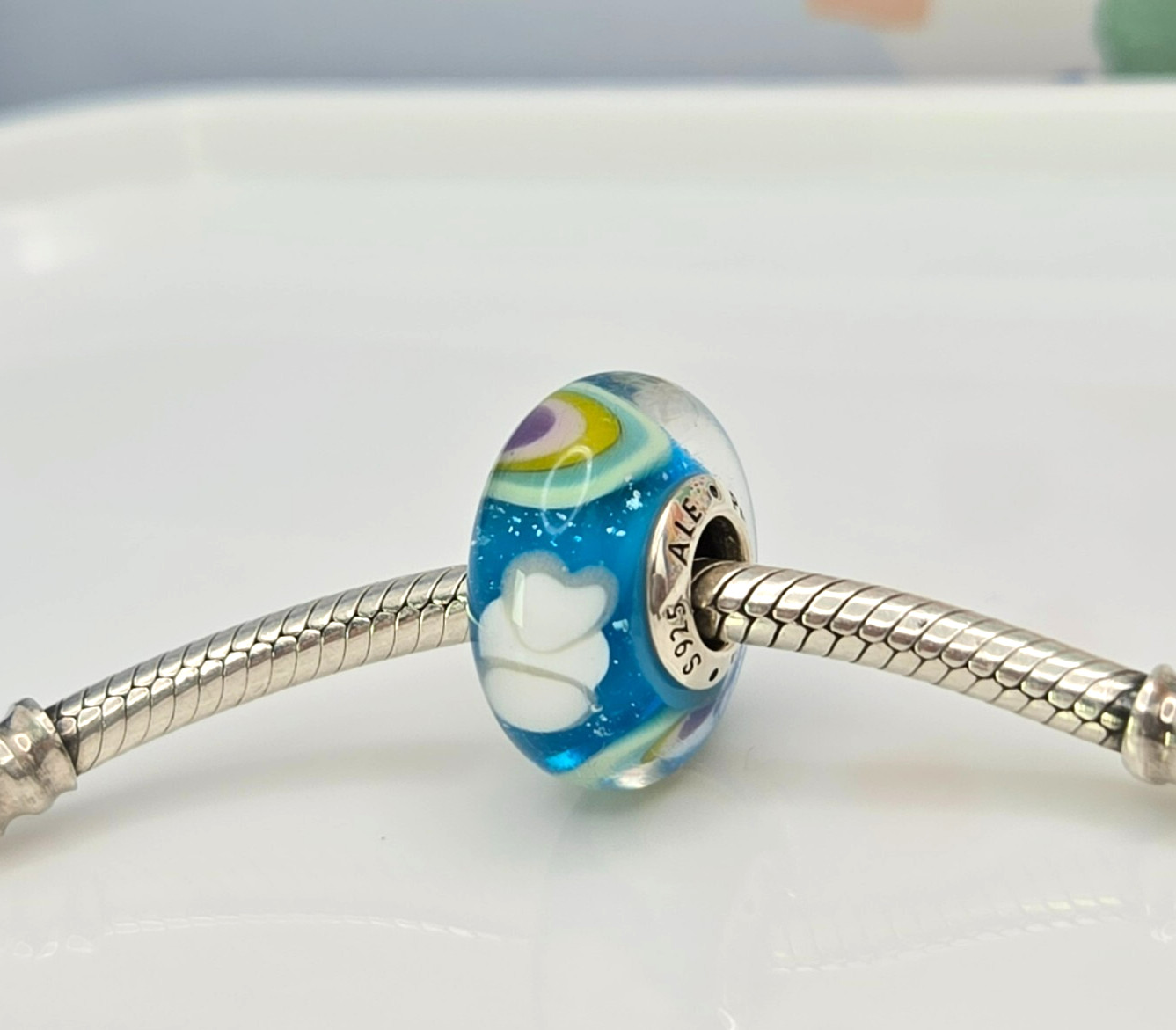 Authentic Pandora Blue Murano Rainbow Murano Glass Silver Charm