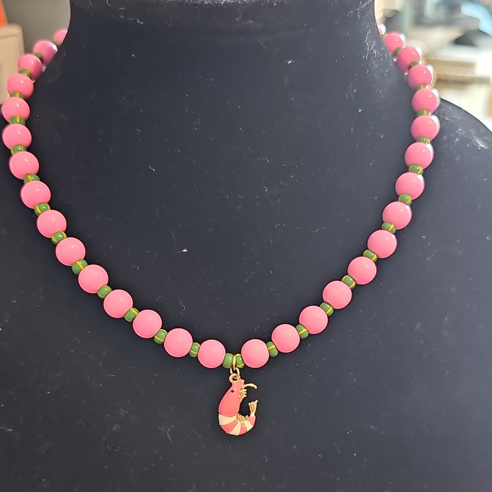Pink Glass Beaded Necklace w/ Enamel Shrimp Charm Lobster Clasp Adjustable Ext