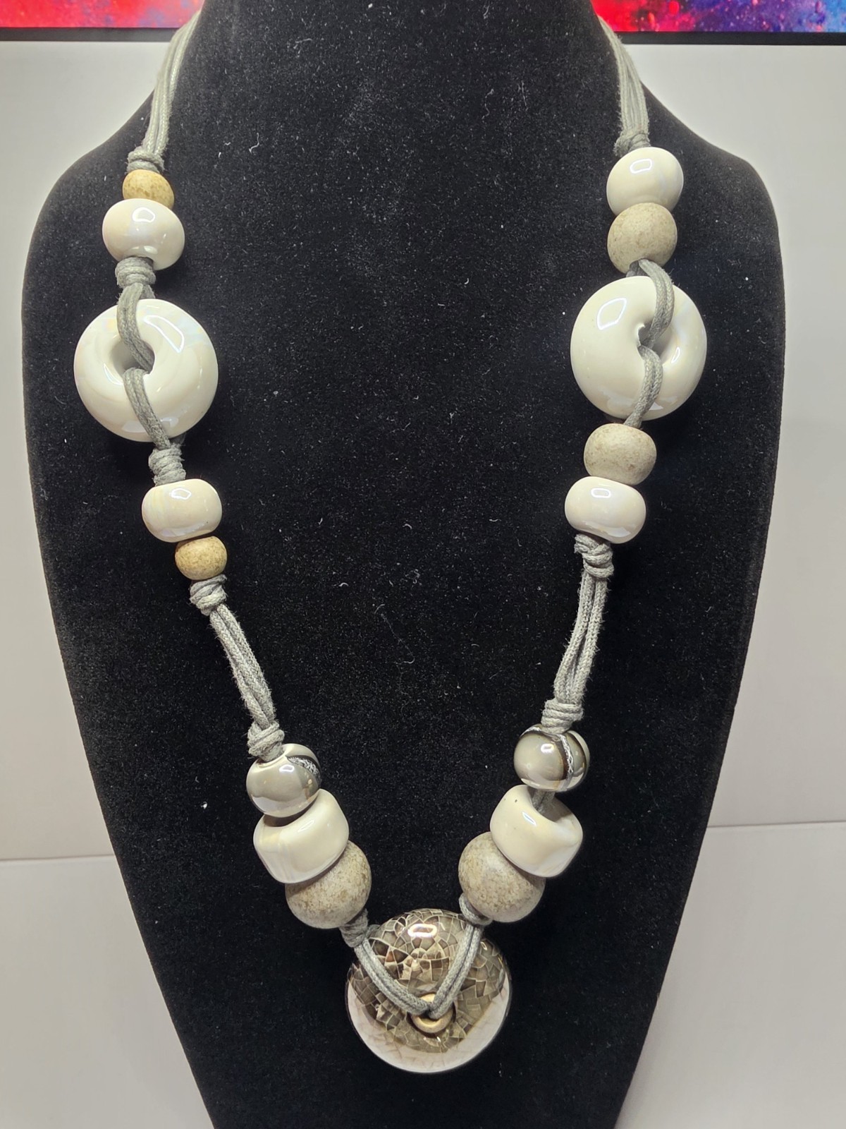 Chunky Ceramic Bead Textile Necklace Vintage Boho Glazed Ring Fabric Cord 32″
