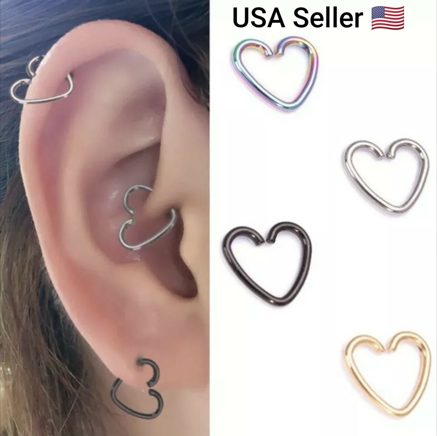 2pcs Surgical Steel Daith Heart Ear Nose Ring Cartilage Tragus Piercings Hoop