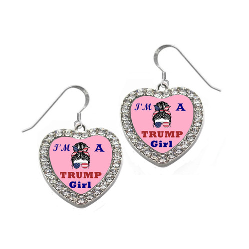 Im A Trump Girl Heart Rhinestone Earrings on .925 J Hooks (Stamped .925)