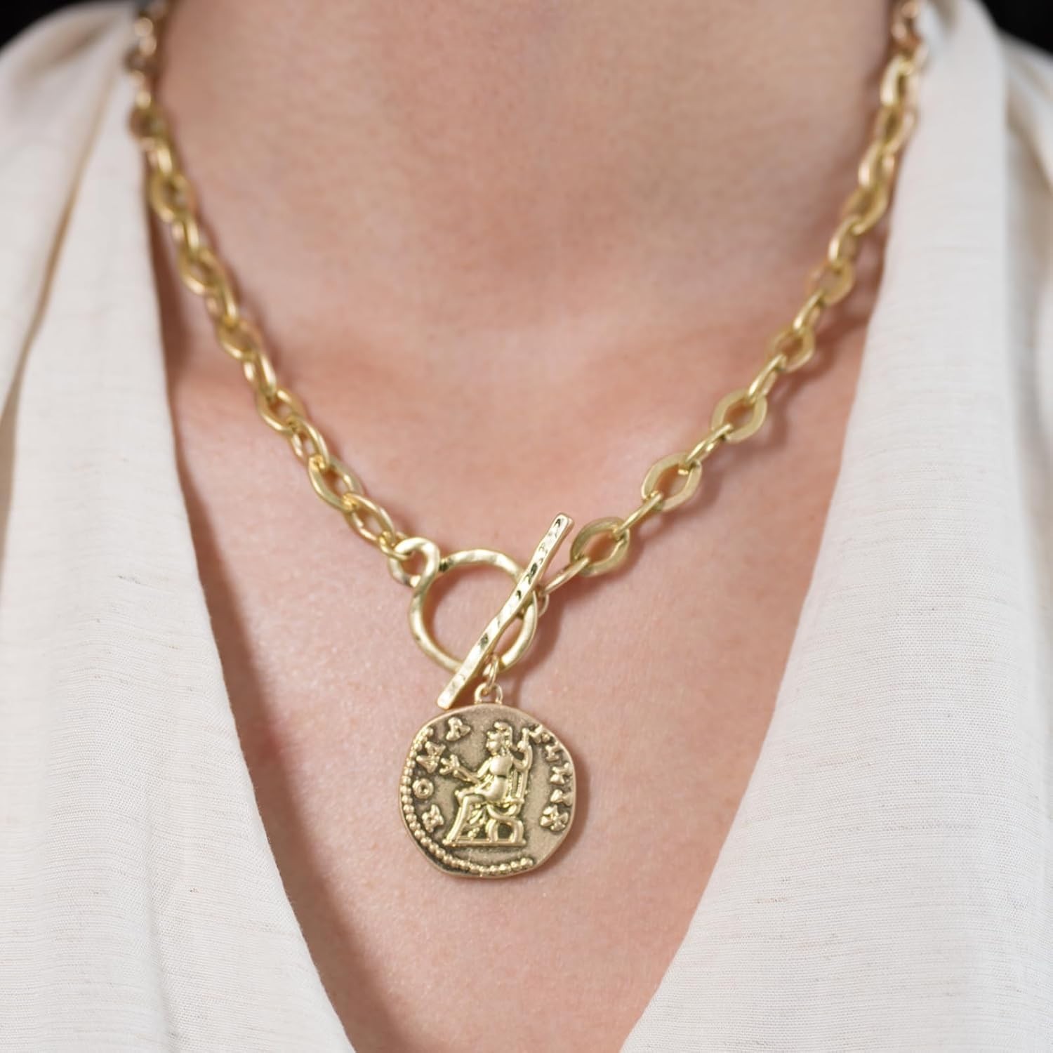 Chunky Coin Antique Gold Plated Thick Link Chain Layered Pendant Necklace for…