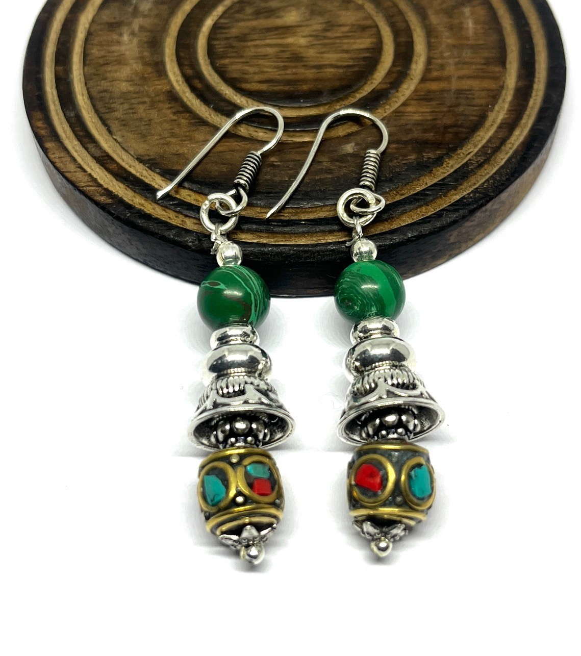 Turquoise Coral Malachite Gemstone Tibetan Handmade Earring Jewelry, 1.8 Inch