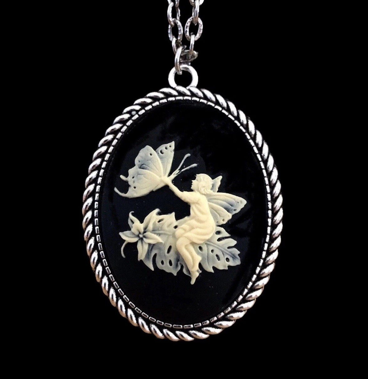 Fairy Cameo Necklace Playful Girl Child & Butterfly, Ivory/Black Vintage Pendant