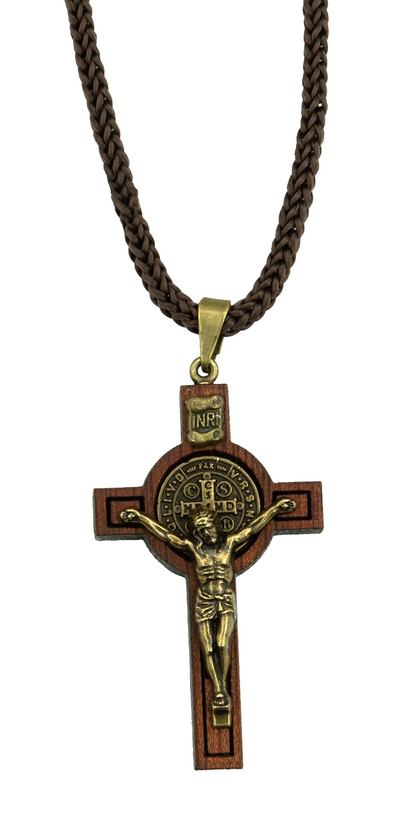 Saint Benedict Wood Cross Cord Necklace for Men & Women Cross Pendant, Trave…