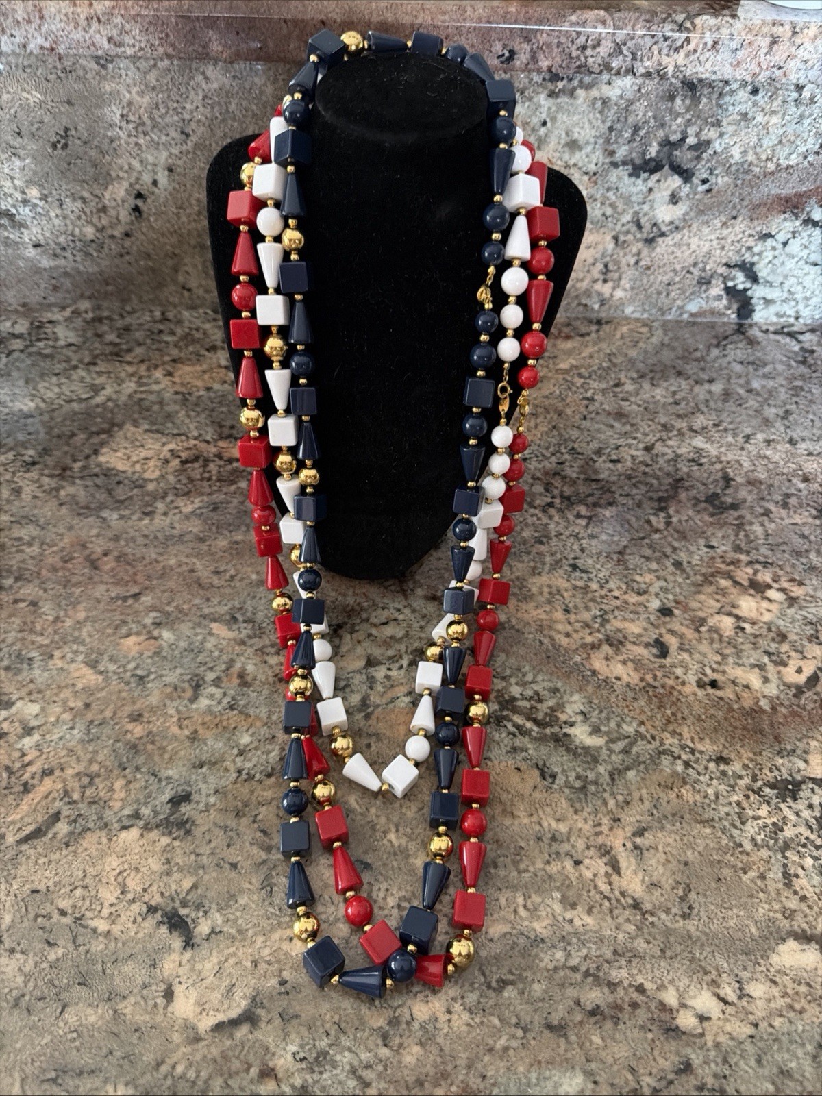 Trifari Opera Necklace Red White Blue Geometric Lucite Beads Gold Tone 3 Strand