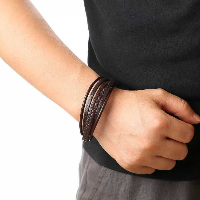Stainless Leather Bracelet 8″ Unisex Brown Braided Magnetic Clasp Jewelry 21cm