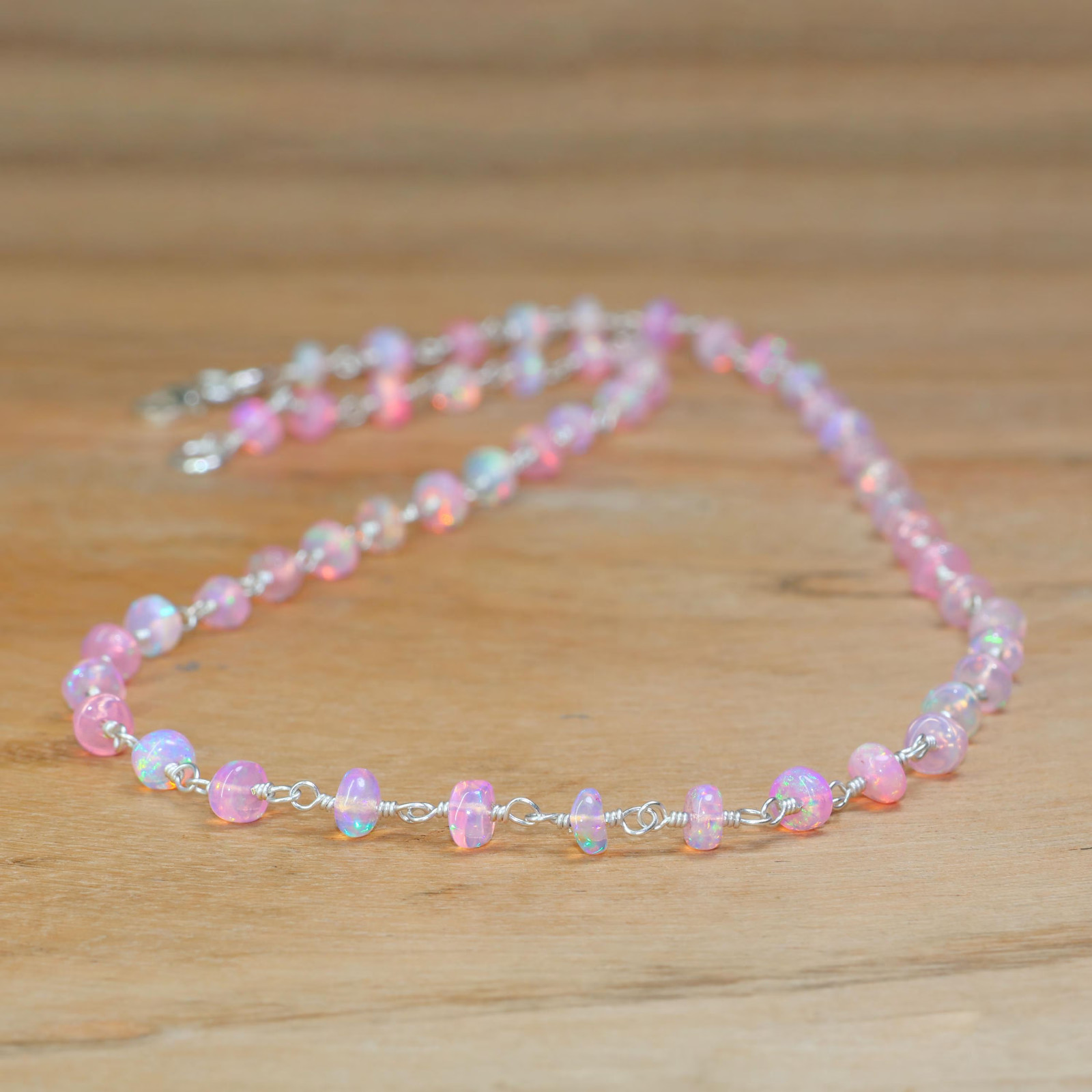 Multi fire Pink Opal Wire Wrap Necklace, Fire Opal Beaded Necklace, Smooth Opal
