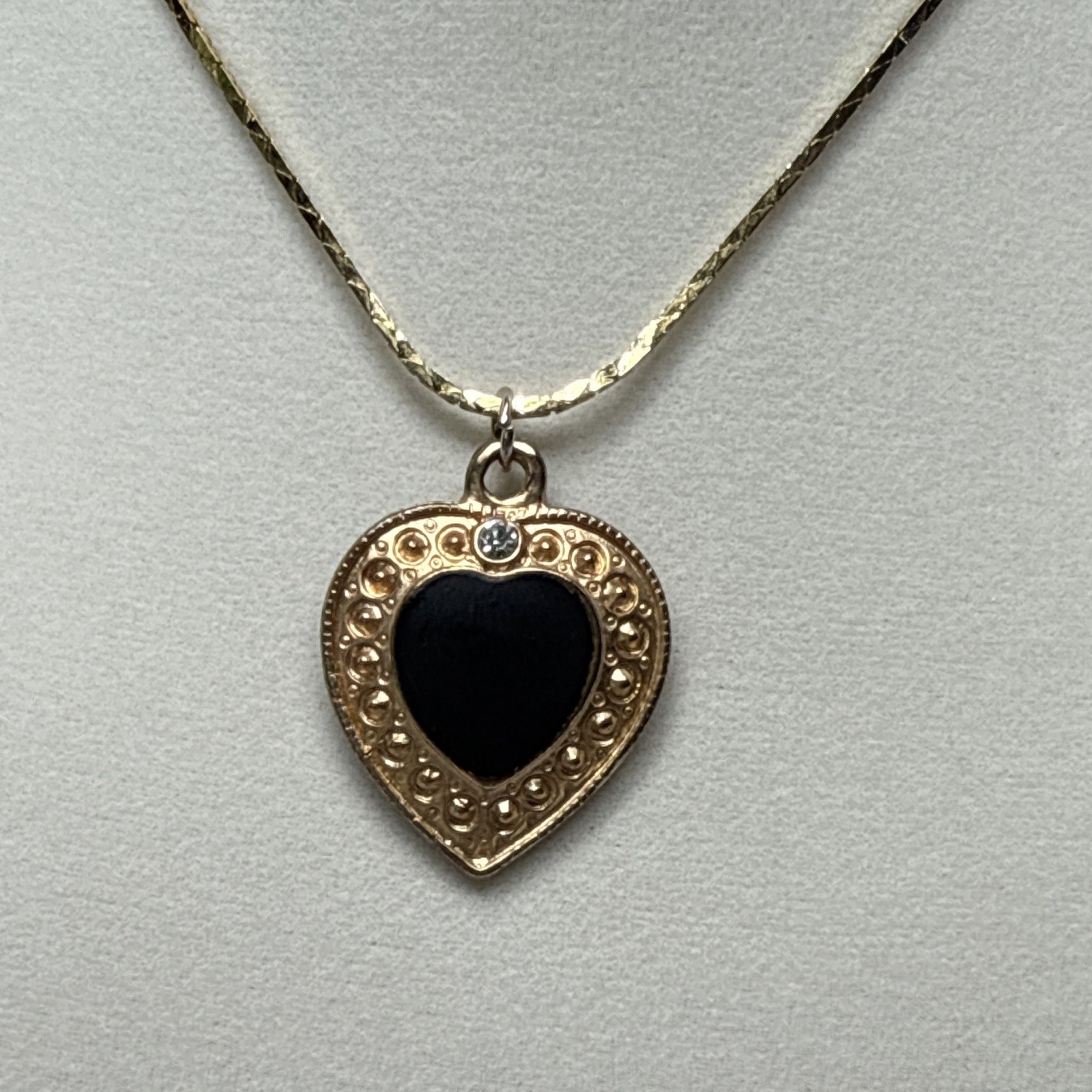 Gold Tone Heart Pendant Charm Necklace Black Onyx Bezel Set Crystal Chain