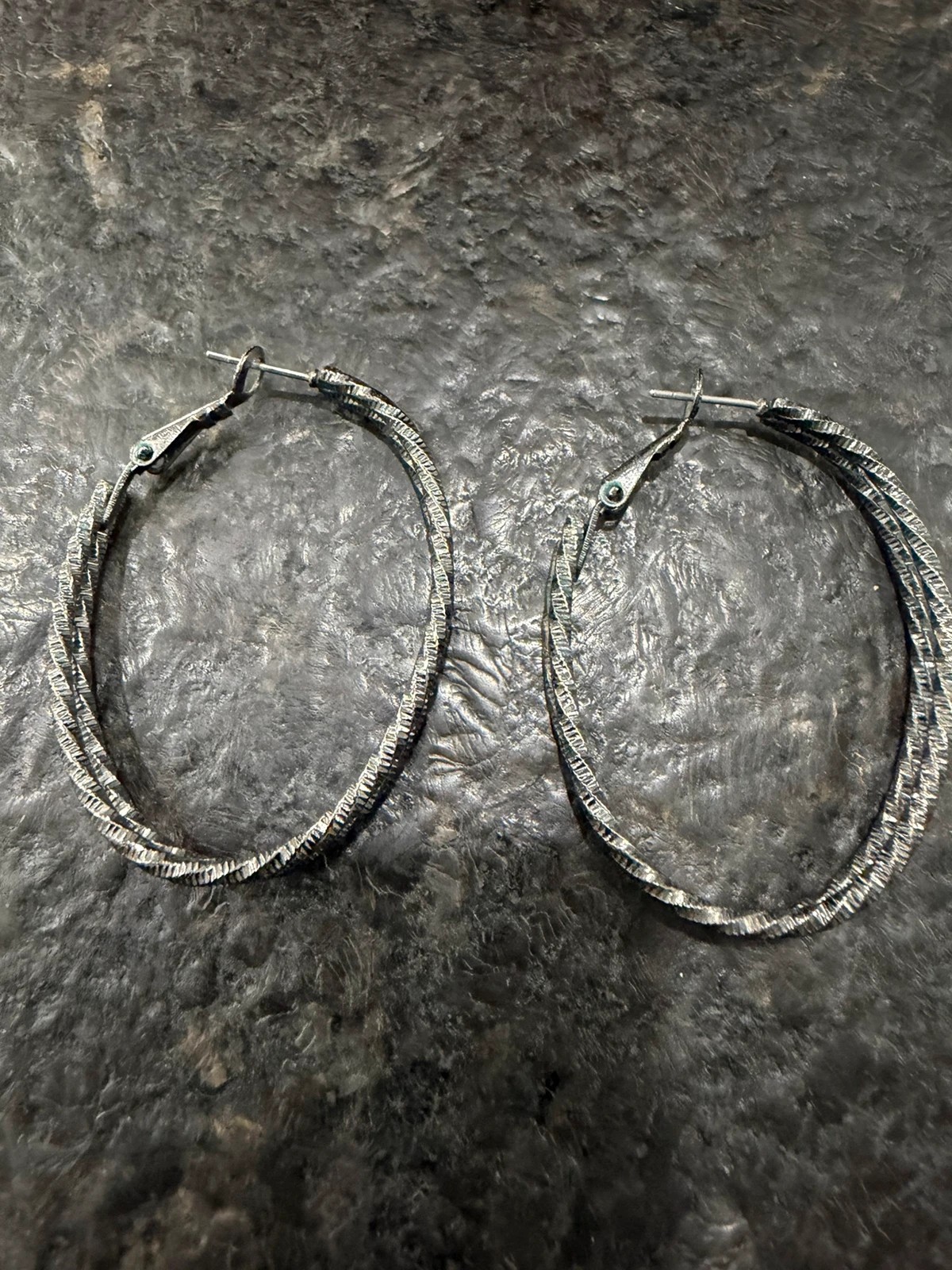 Silver Tone Triple Hoop Textured Statement Earrings