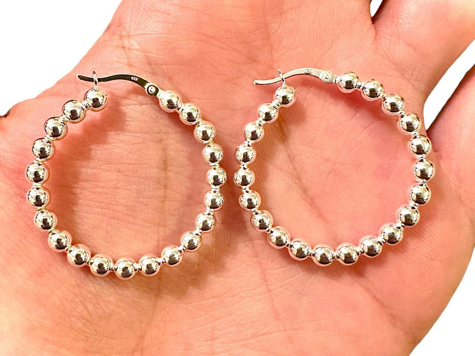 925 Sterling Silver Hoop Earrings 35mm Beaded Ball Hoops Women
