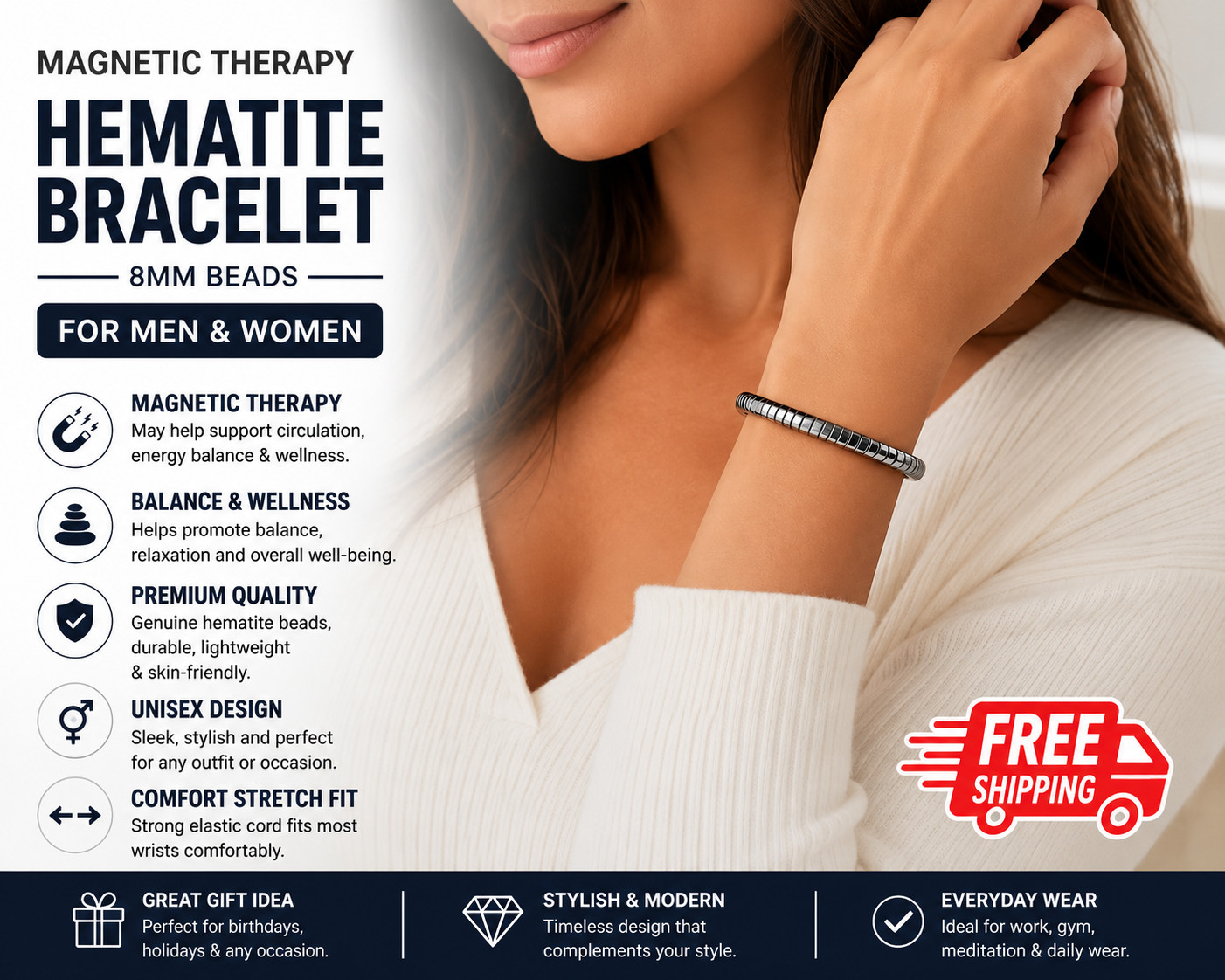 2 PACK Magnetic Therapy Hematite Bracelet 8mm Beads for Men and Women