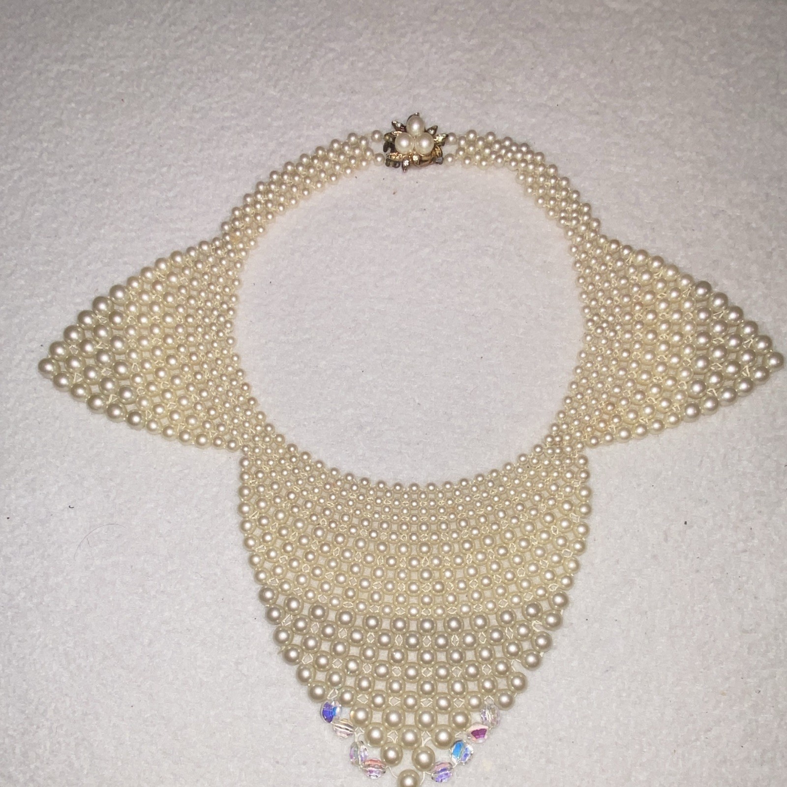 Vintage Ivory Faux Pearl & Crystal Beaded Bib Necklace, Gold Tone Lock Clasp