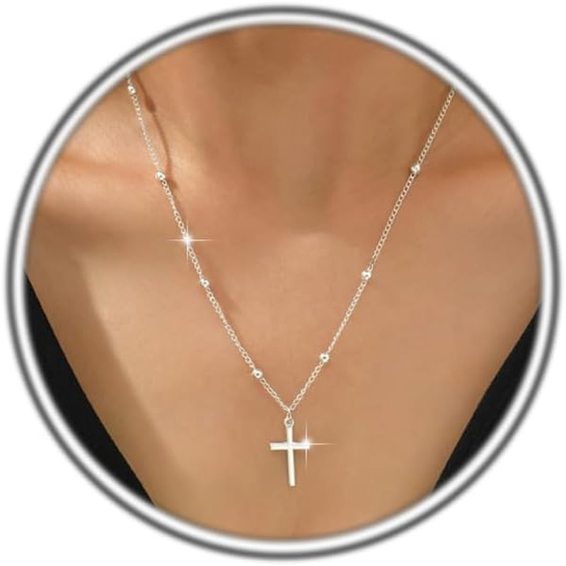 Dainty Cross Pendant Necklace for Women, 14K Gold Plated Minimalist Layered Bead