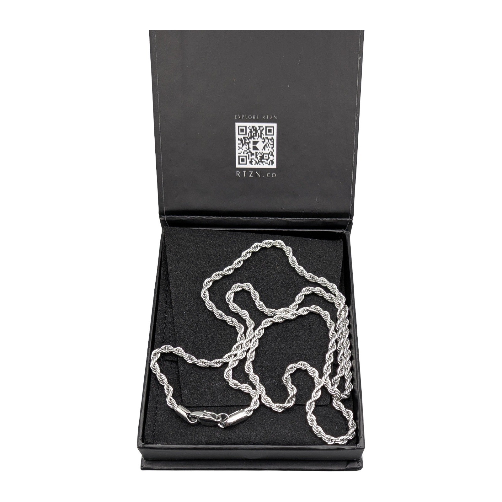 RTZN Silver Tone Rope Chain Necklace 22″ Twisted Link Jewelry with Box