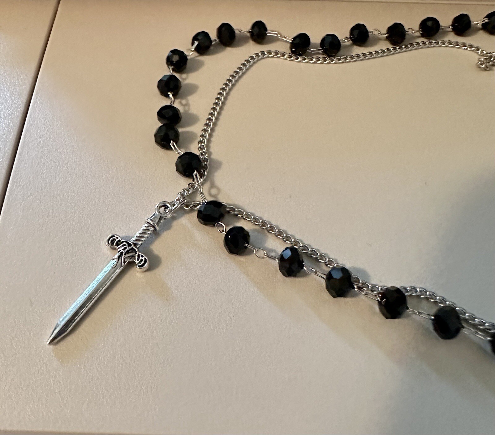 Sword Pendant Black Beaded Choker Necklace Luxury Double Layer Vintage Coquette