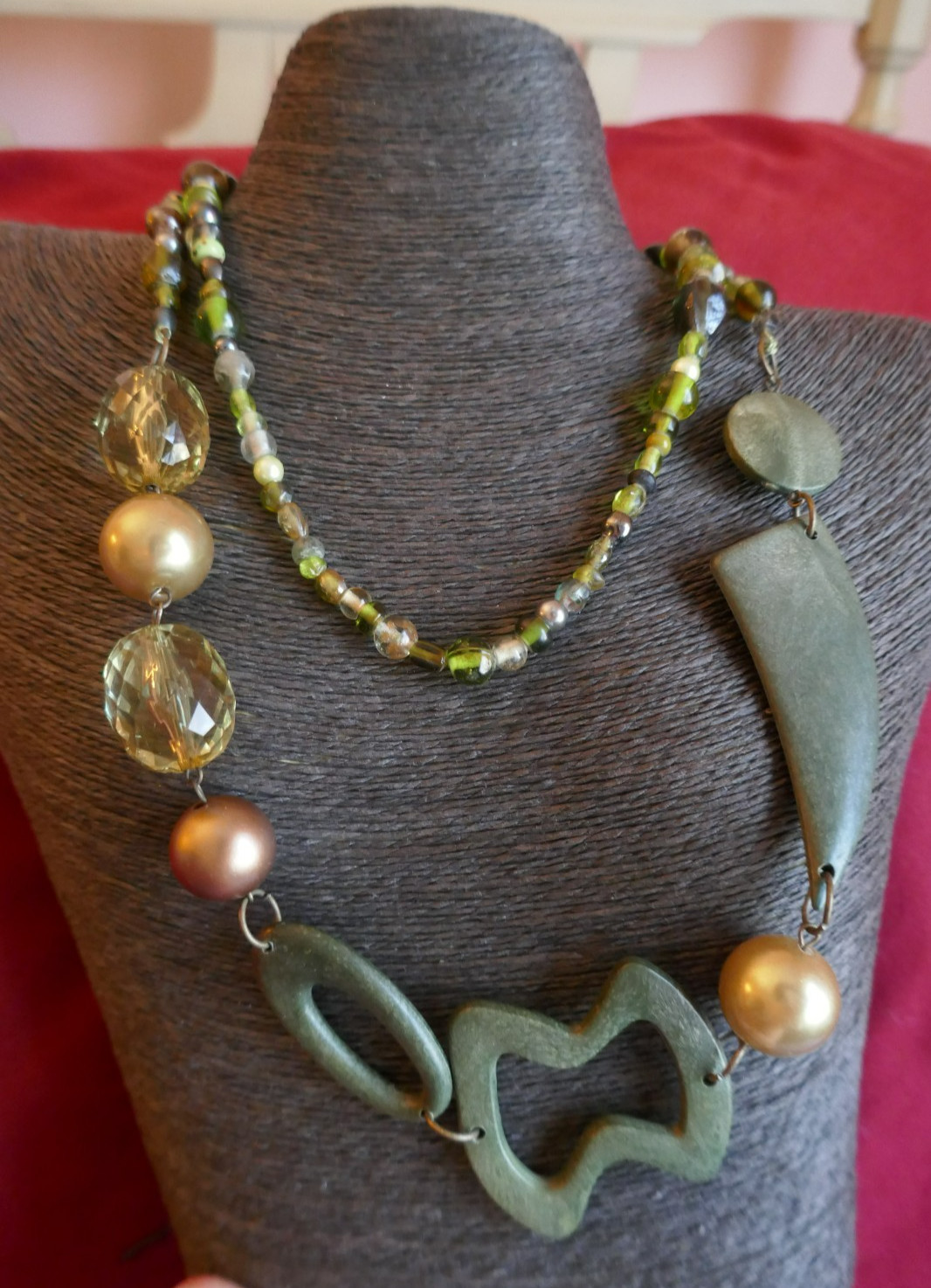 40″ Long Necklace Green Copper Gold Large Abstract Shapes Acrylic & Glass Beads