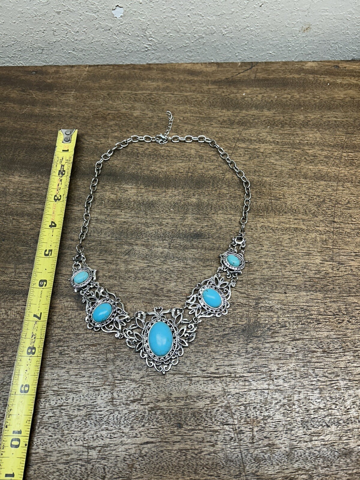 Turquoise mounted on Silver Tone Alloy & Magnetic Silver Chain Choker/ Necklace