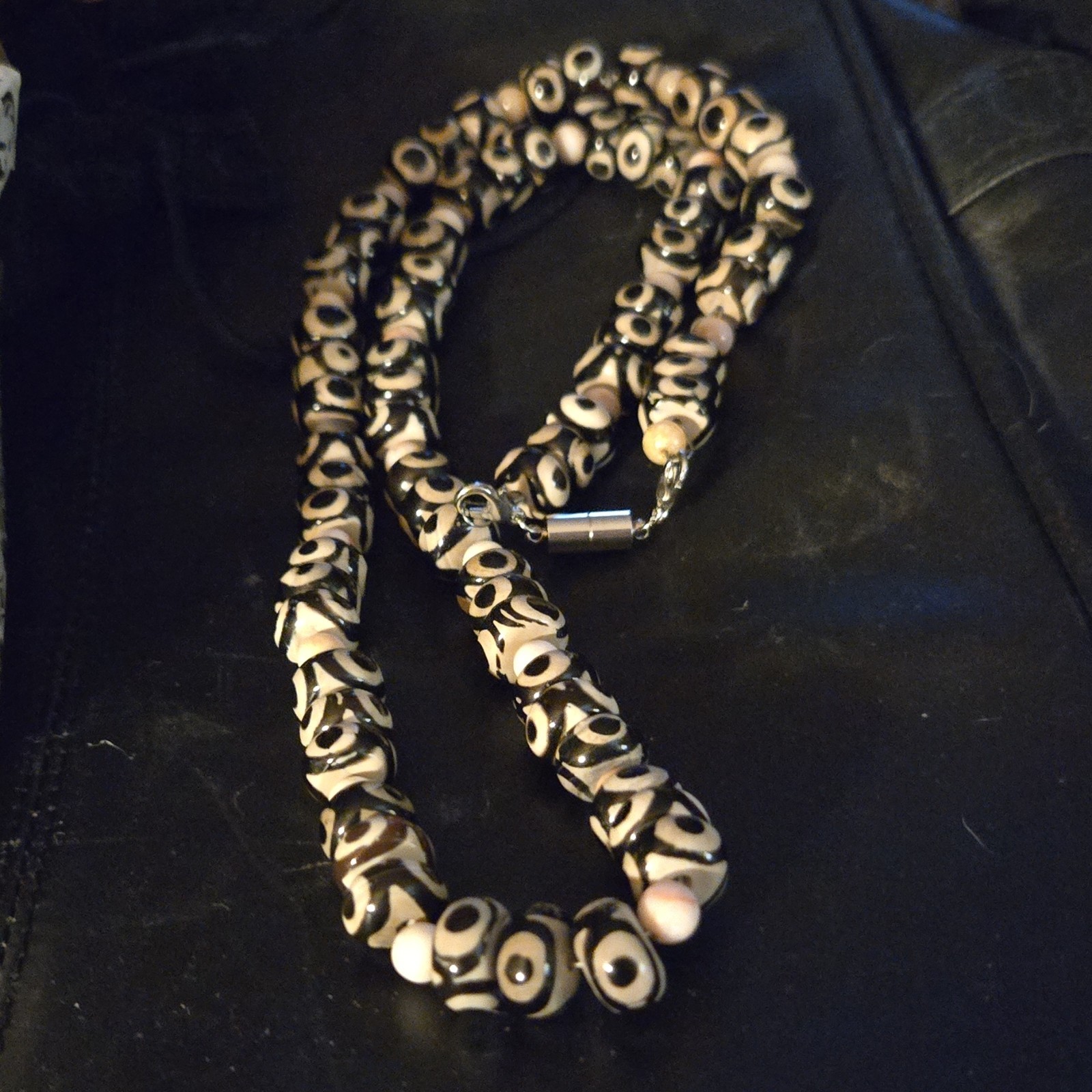 Beaded Necklace hand made beads from Tibet, Black, beigh. magnetic and clasp.