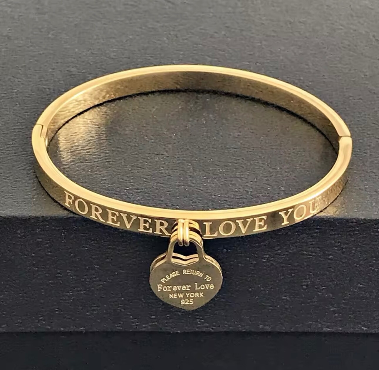 ZARD Dangling Heart Charm Bangle Bracelet “Forever Love You” Engraving