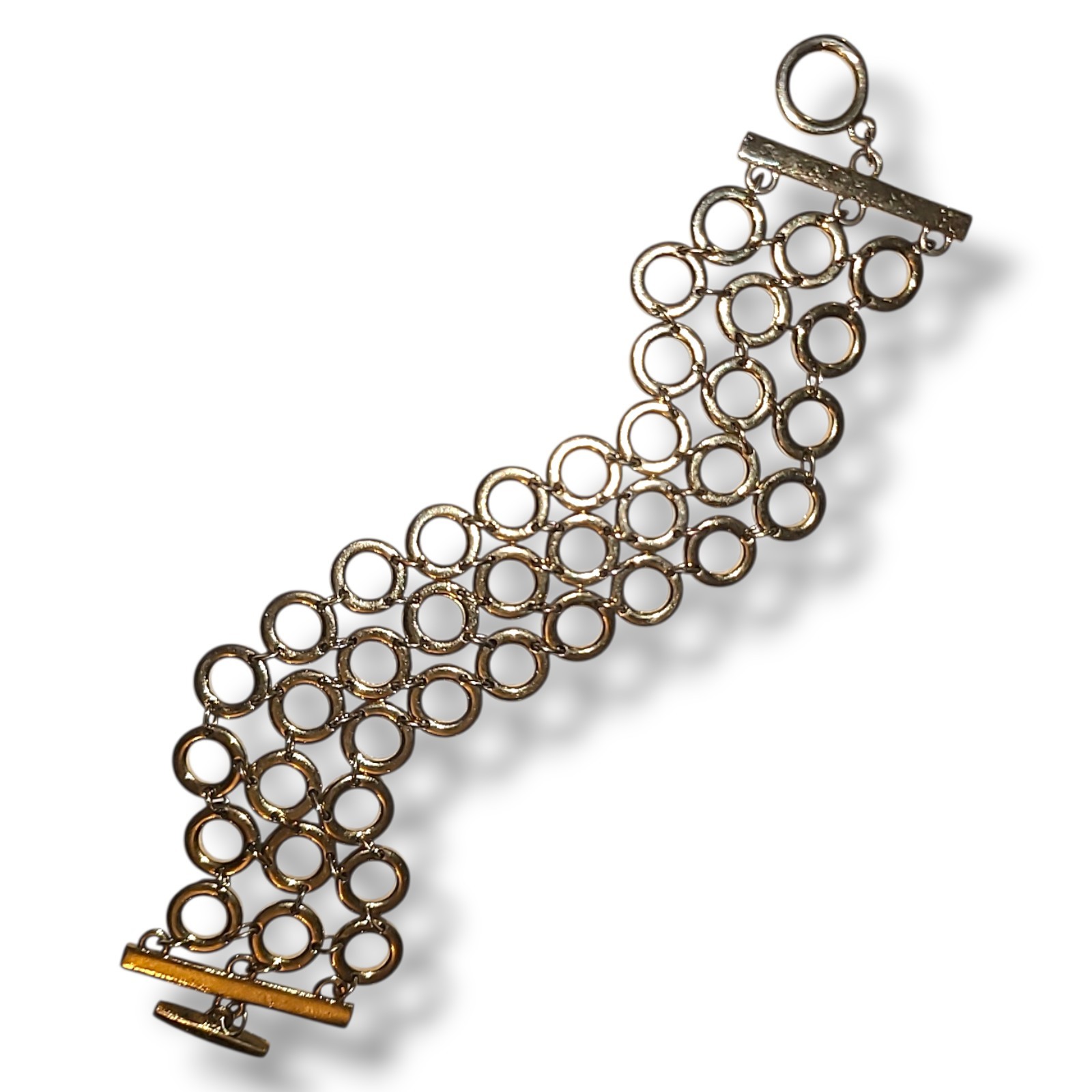 Gold Tone Multi Ring Link Bracelet 7.5″ Wide Statement Toggle Chain Bold